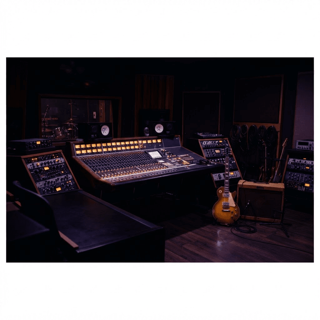 A moody professional recording studio at night