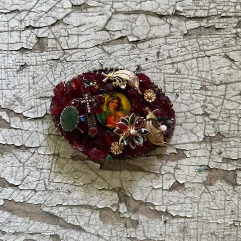 Virgin Mary / Cross Red Bling Brooch Buckle