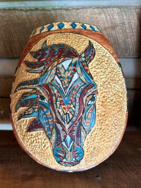Tribal Horse Head Painted Gourd Bowl